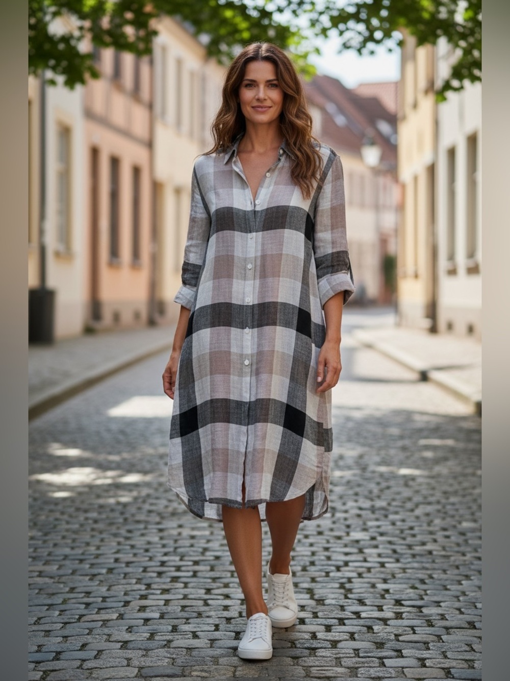 Match Point Plaid Longline Shirt Dress Sz S Lagenlook Linen